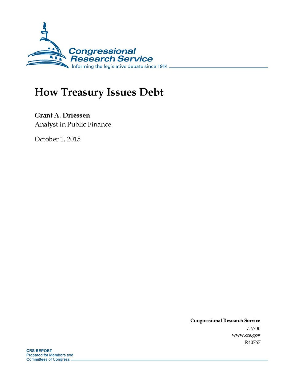 R40767 How Treasury Issues Debt

Subjects: Congressional Research Service; CRS; Congress