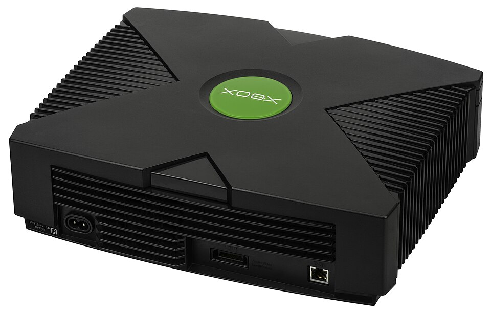 The Xbox, a sixth-generation gaming console made by Microsoft that was first released in 2001.  The Xbox was Microsoft's first foray into the gaming console market, and was followed by the Xbox 360 in 2005.  The console is notable for having a built-in hard drive, breakaway controller dongles and an