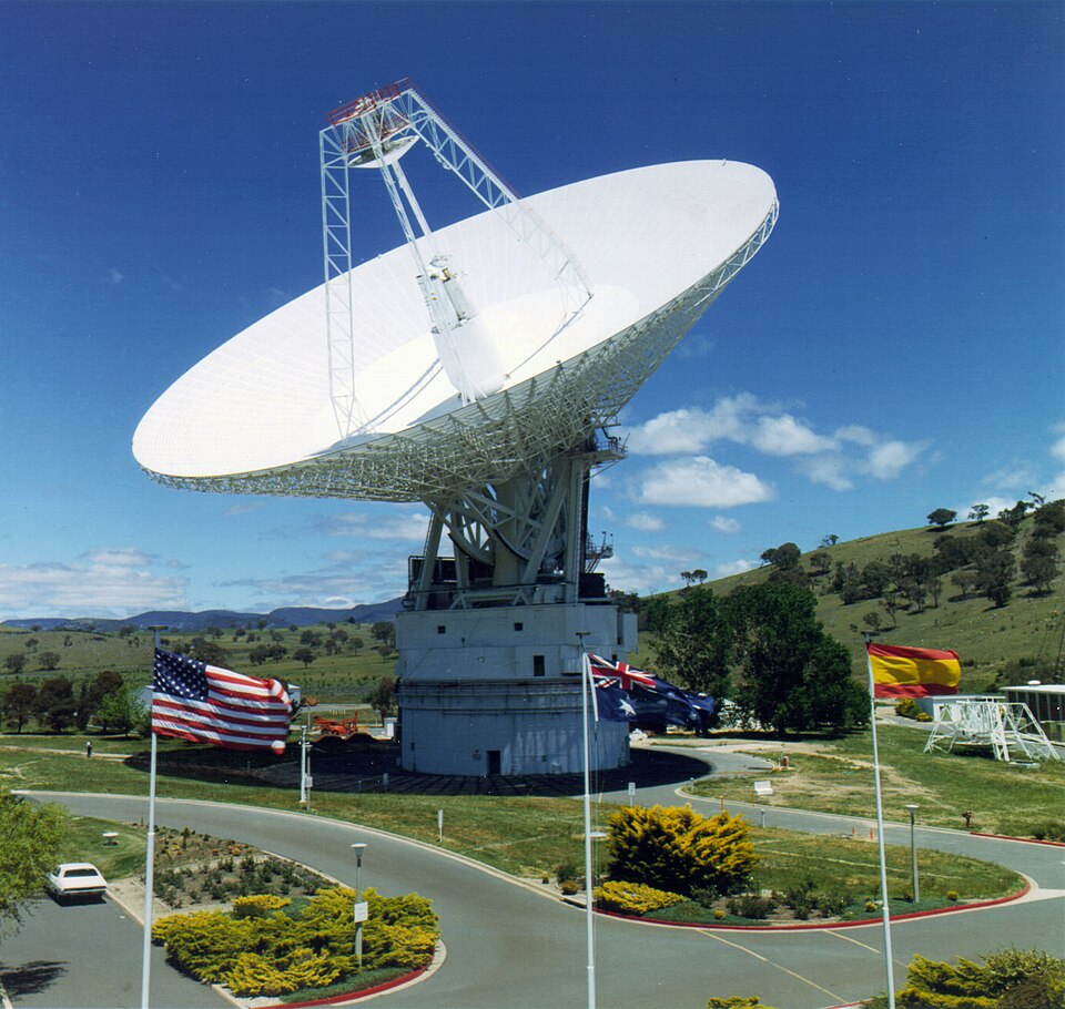 View of 70m (230 ft.) spacecraft communication antenna at the Canberra Deep Space Communication Complex, located outside Canberra, Australia.  It is one of the three complexes which comprise NASA's Deep Space Network. The other complexes are located in Goldstone, California, and Madrid, Spain.  This