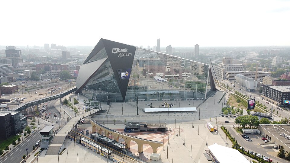 US bank stadium seen from the air on August 6th 2021. The large amounts of haze is due to Canadian Wildfires.