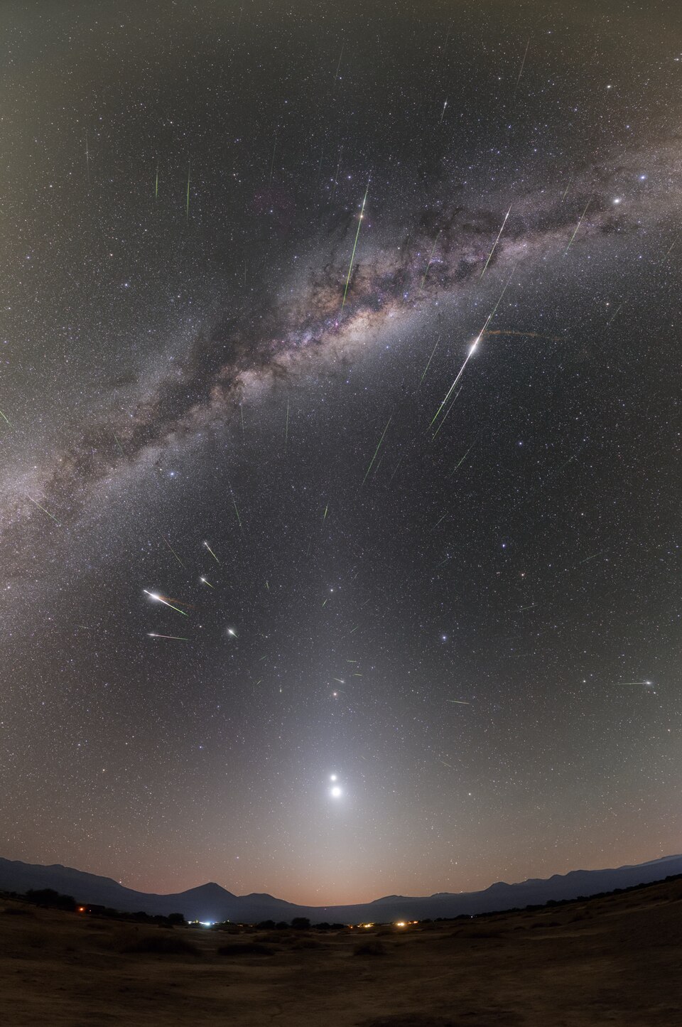 The Eta Aquariids meteor shower, which peaked in early May this year, was captured in this stunning image by astrophotographer Petr Horálek. It was taken near San Pedro de Atacama, a Chilean town about 50 km away from the Chajnantor observatory site, where APEX and ALMA, astronomical facilities co-o