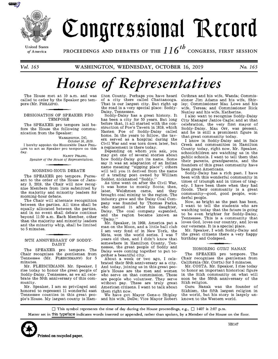 Congressional Record Volume 165, Issue 163, 2019-10-16