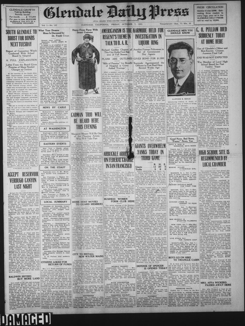 CA-R Notes for IA: Image may appear dark or faded due to the nature of microfilm. Some text runs off the page, inherent to the original.Series Title: Glendale Daily PressDescription: These newspapers document the earliest history of Glendale as an incorporated city and the later-annexed community of