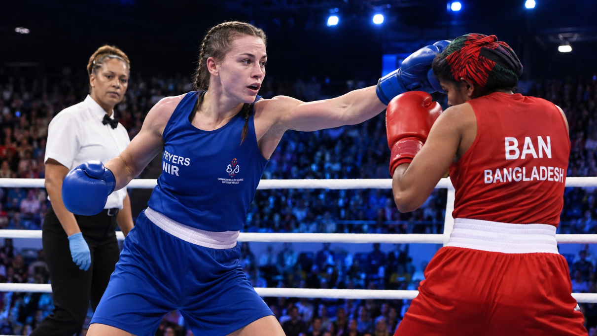 Caitlin Fryers in blue boxing gear lands a punch against Bangladesh’s Zinnat Ferdous during a women’s flyweight bout at the Commonwealth Games.