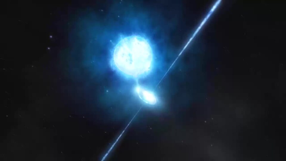This artist’s impression depicts the newly discovered stellar-mass black hole in the spiral galaxy NGC 300. The black hole has a mass about twenty times the mass of the Sun and is associated with a Wolf–Rayet star; a star that will become a black hole itself. Thanks to the observations performed wit