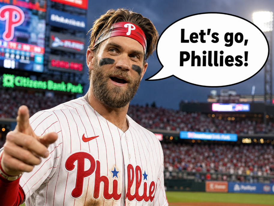 Bryce Harper in a Philadelphia Phillies uniform pointing toward the camera with a speech bubble that reads, “Let’s go, Phillies!”