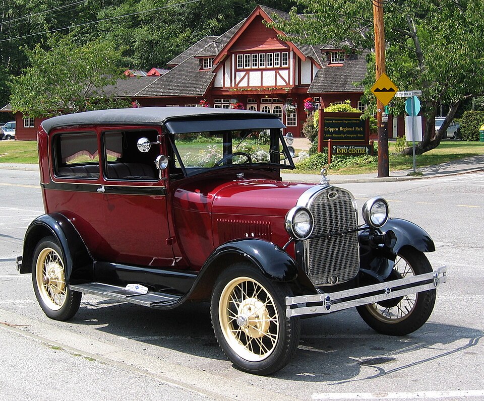 A 1928 Model A Ford in front of Bowen Island Public Library, owned by Dan C. of Bowen Island.