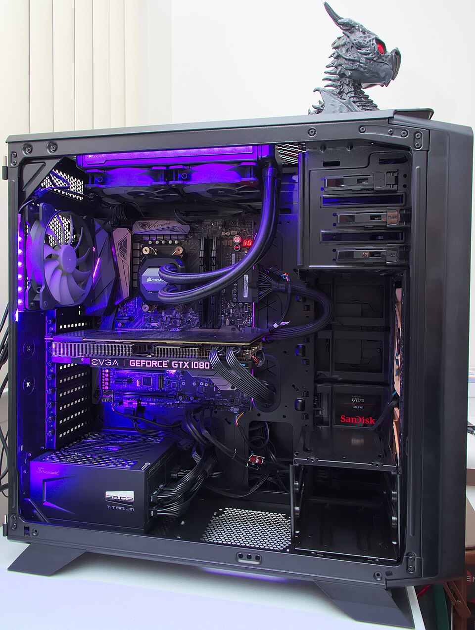 Over the last few months, I've fitted the system with RGB LED strips, replaced the case fans, and spent a bit of time improving the cable management. This is the result.