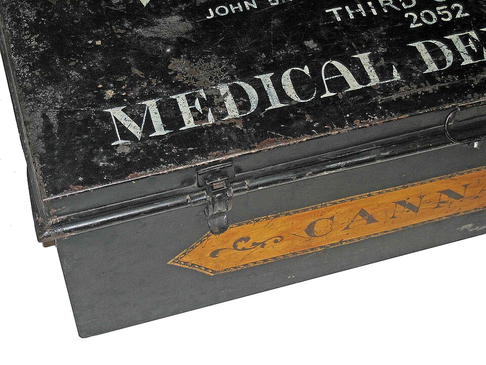 DETAIL OF LETTERING ON 1914 RMS AQUITANIA CANNABIS MEDICAL DEPT. SUPPLY CHEST