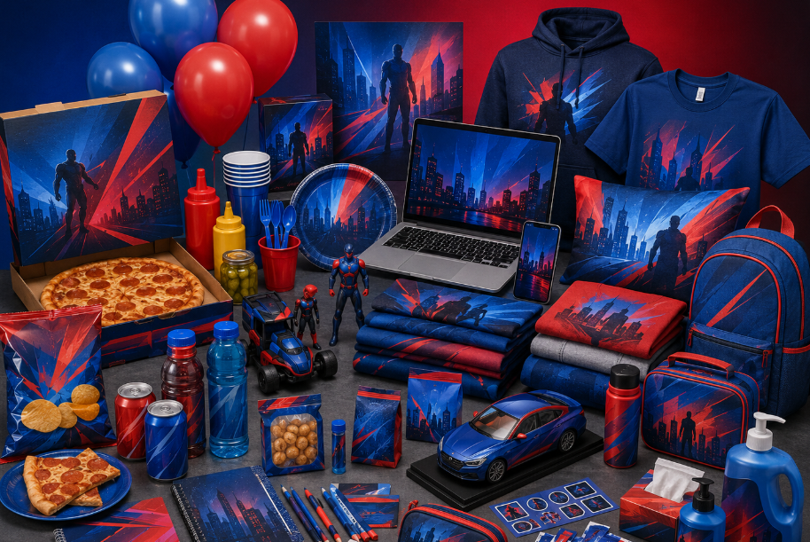 A large display of generic superhero-themed merchandise, including pizza, snacks, beverages, clothing, toys, electronics, backpacks, bedding, school supplies, party items, and household products in red and blue packaging.