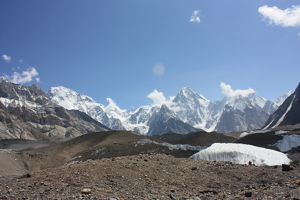 Baltoro glacier with Broad Peak (left) and Gasherbrum IV (centre right) in the background