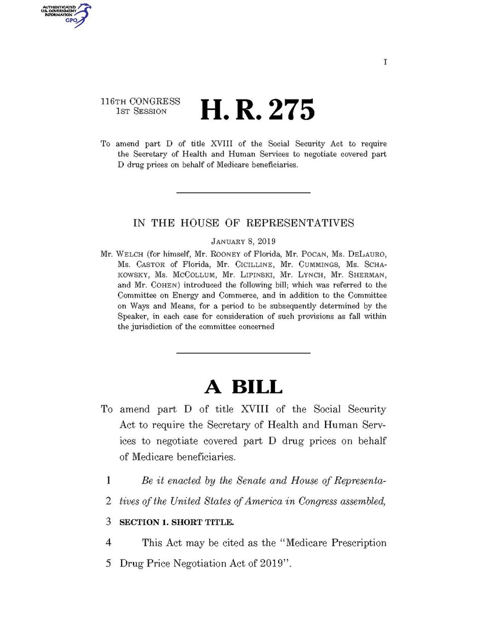 H.R.275 — 116th Congress (2019-2020)
Medicare Prescription Drug Price Negotiation Act of 2019