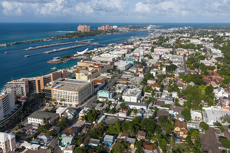 Aerial view of downtown Nassau, Bahamas (pop. 292,522), the capital and largest city of The Bahamas.