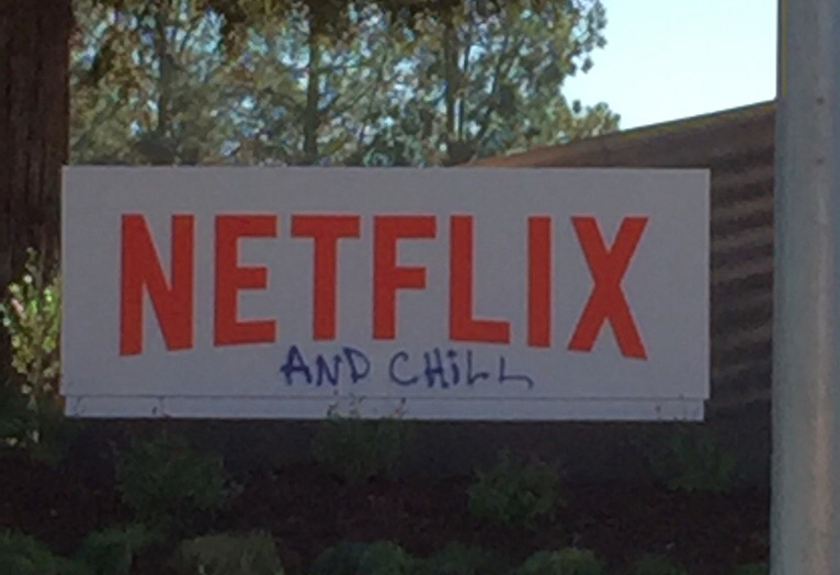 Netflix and Chill Graffiti at Netflix Headquarters in Los Gatos, California in 2015.
I reached out via email and Reddit private message to the copyright holder and he licensed it under a Creative Commons Attribution-Sharealike 3.0 Unported License. I have sent an email containing this correspondence