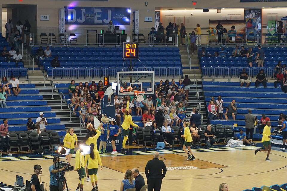 The Storm warming up before the Seattle Storm vs. Dallas Wings basketball game at College Park Center in Arlington, Texas (United States). Seattle won 78–64.
