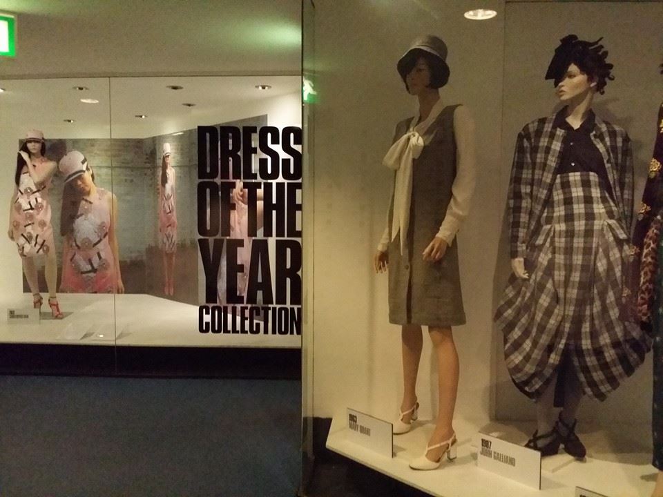 Clothes from the Dress of the Year collection at the Fashion Museum, Bath. From left to right: Dresses of the Year for 2013 (Christopher Kane), 1963 (Mary Quant) and 1987 (John Galliano)
