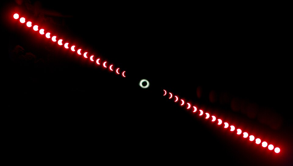 The progression of en:Solar eclipse of August 1, 2008 in Novosibirsk, Russia. Time span between shots is 3 minutes.