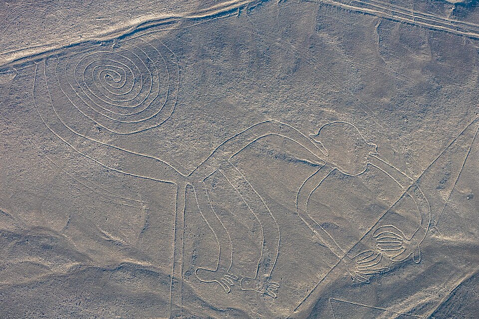 Aerial view of the "Monkey", one of the most popular geoglyphs of the Nazca Lines, which are located in the Nazca Desert in southern Peru. The geoglyphs of this UNESCO World Heritage Site (since 1994) are spread over a 80 km (50 mi) plateau between the towns of Nazca and Palpa and are, according to
