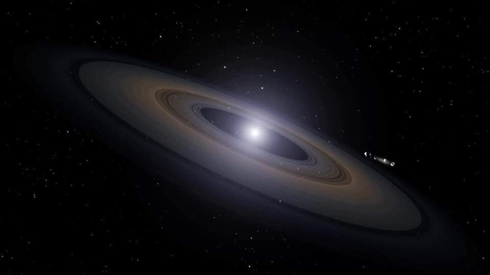 This animation is an artist's impression of the thin, rocky debris disc discovered around the two Hyades white dwarfs. Rocky asteroids are thought to have been perturbed by planets within the system and diverted inwards towards the star, where they broke up, circled into a debris ring, and were then