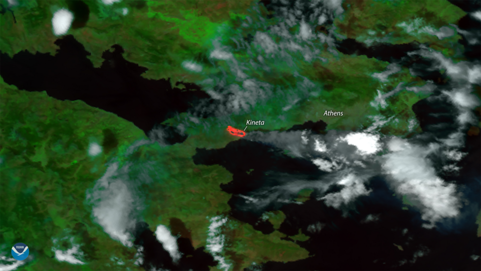 Hot, dry weather and gusty winds fueled deadly and destructive wildfires near Athens, Greece this week. This visible and thermal imagery from the NOAA-20 satellite shows the site of the largest fire near Kineta, about 30 miles west of Athens, on July 23, 2018. Media are reporting at least 80 people