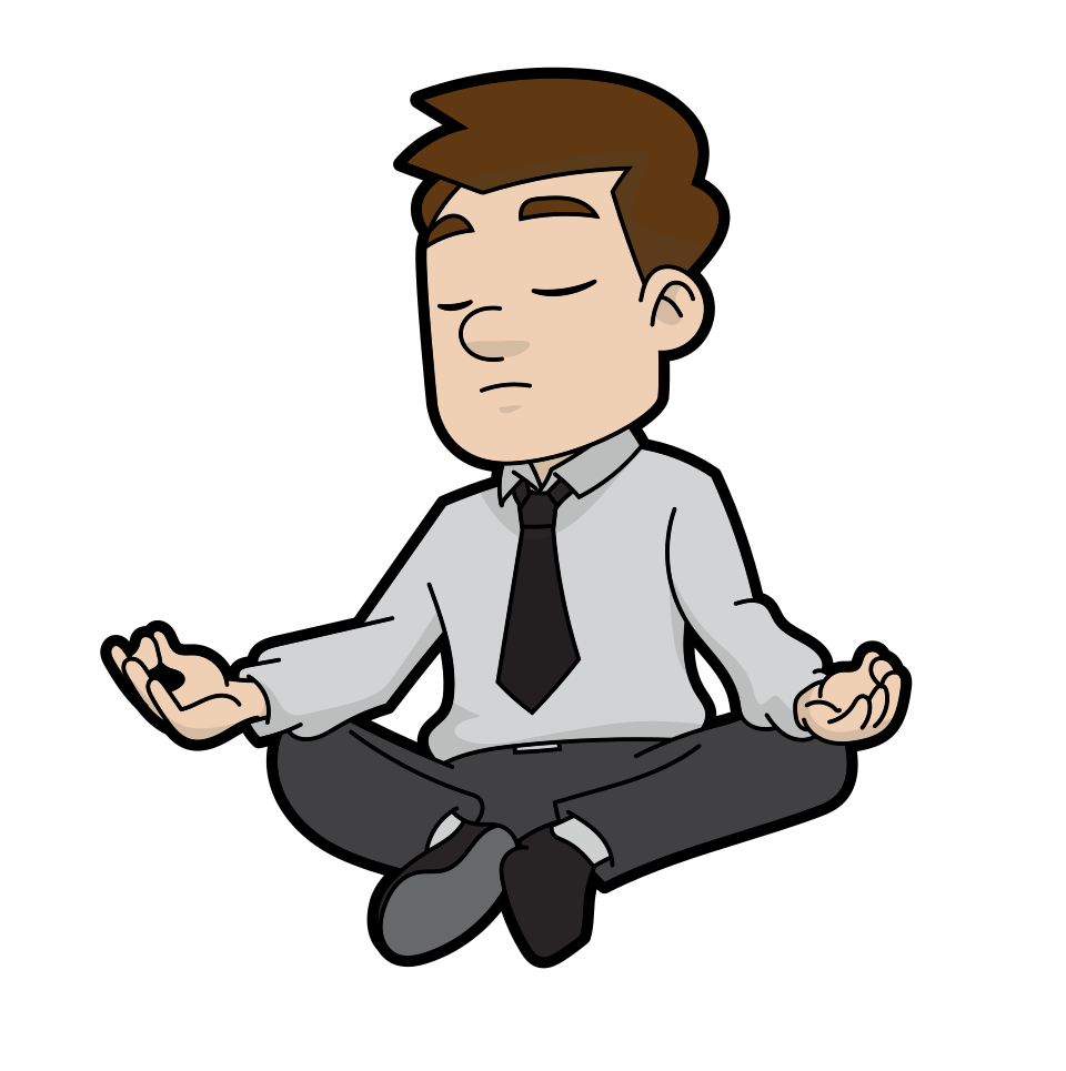 Cartoon of a man sitting cross legged and meditating with his eyes closed, wearing a tie.