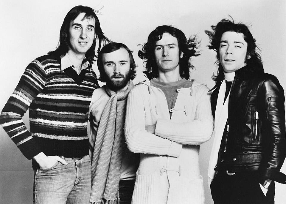 Press photo of the band Genesis in 1976 to promote their album A Trick of the Tail. No copyright markings on the photo.