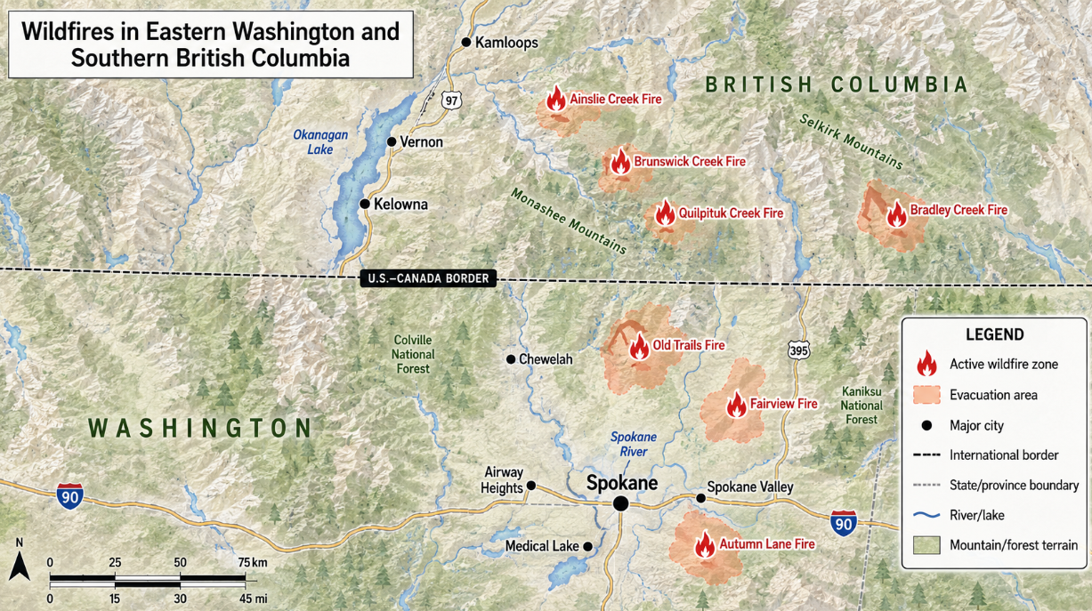 Geographic map showing active wildfire zones, evacuation areas, cities, highways, rivers, forests, and the U.S.–Canada border near Spokane and southern British Columbia.