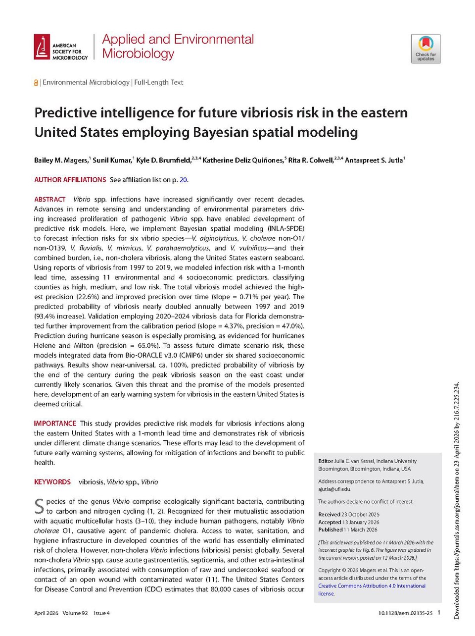 The modeling results presented here demonstrate an effective strategy for forecasting vibriosis risk.