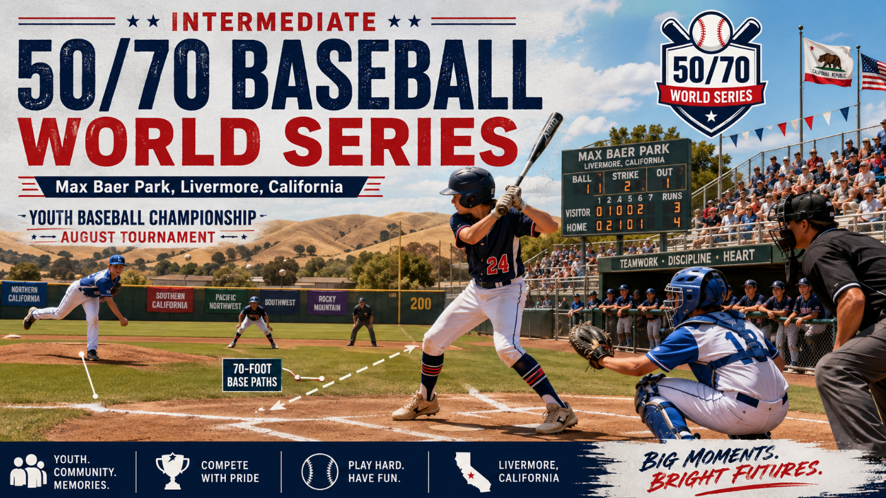 Youth baseball players compete at Max Baer Park in Livermore, California, during the Intermediate 50/70 Baseball World Series, with a batter, pitcher, catcher, umpire, scoreboard and spectators.