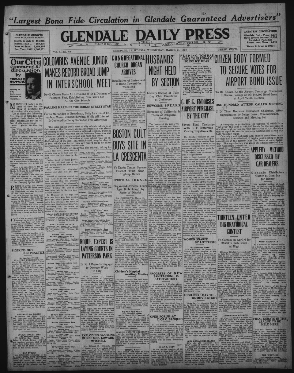 Note for IA: Image may appear dark or faded due to the nature of microfilm. Some text runs off the page, inherent to the original.Series Title: Glendale Daily PressDescription: Daily edition of the Weekly Press. These newspapers document the earliest history of Glendale as an incorporated city and t