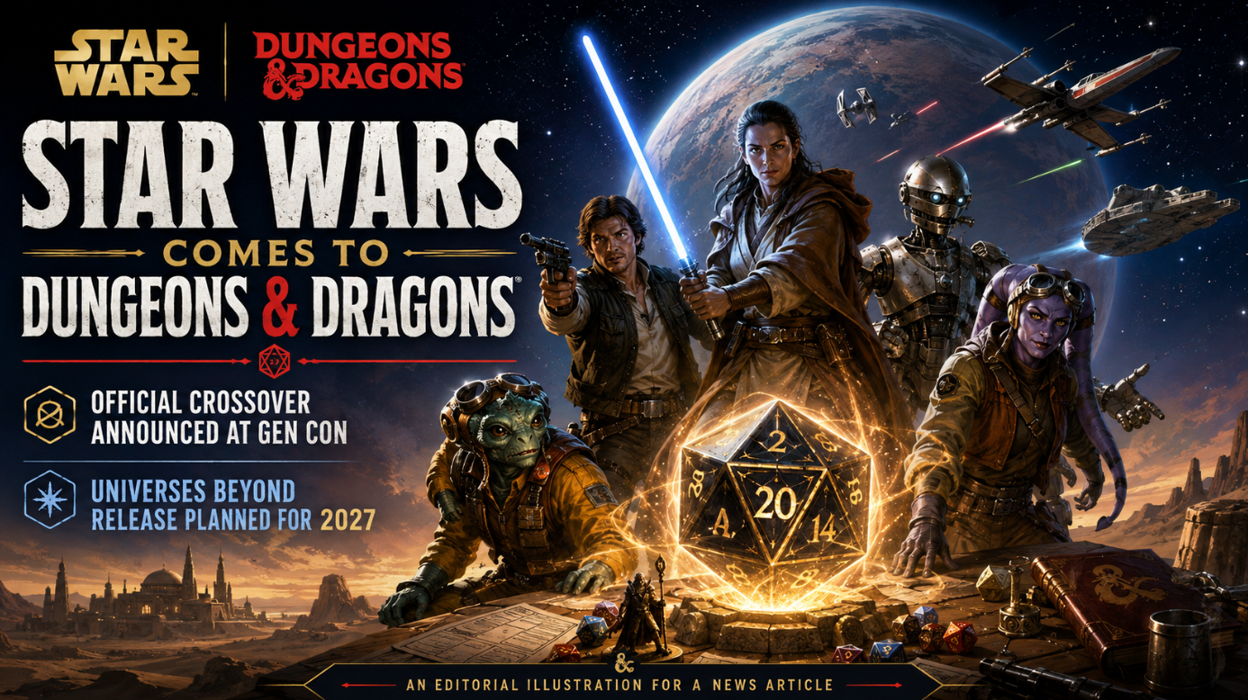 Editorial poster showing space-fantasy adventurers, starships and a glowing 20-sided die for the announced Star Wars and Dungeons & Dragons crossover planned for 2027.