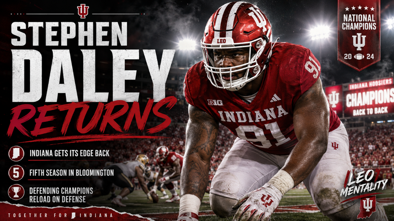 Editorial football poster showing a defensive end in an Indiana crimson uniform under stadium lights, representing Stephen Daley’s return for a fifth season in Bloomington.