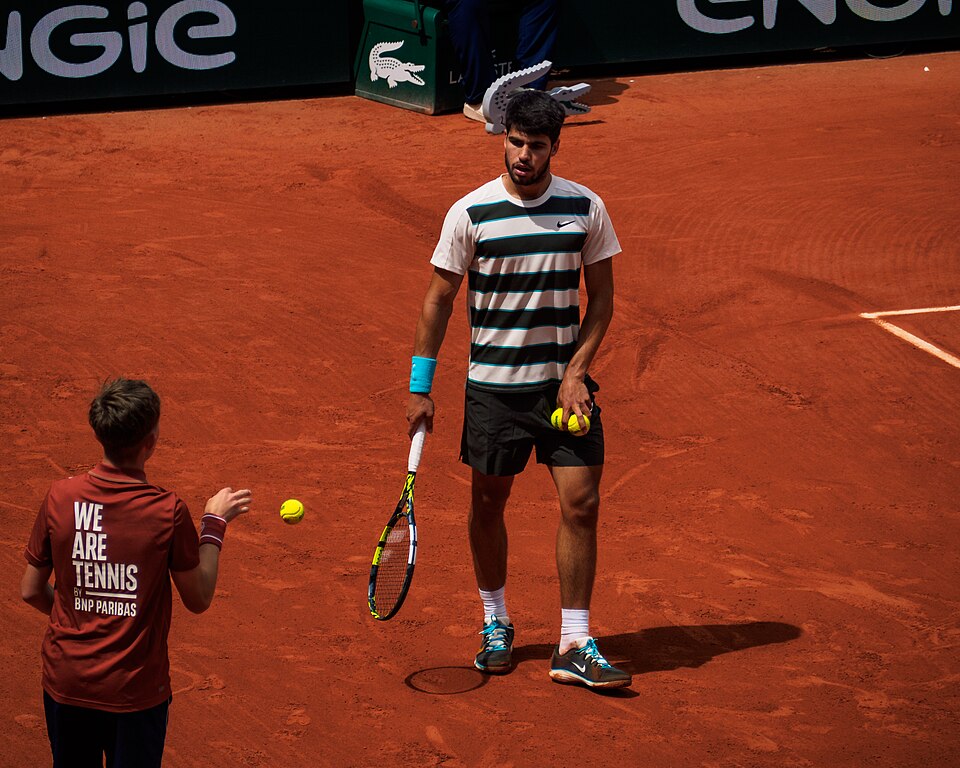 Carlos Alcaraz during his first round match against Giulio Zeppieri, at the 2025 French Open