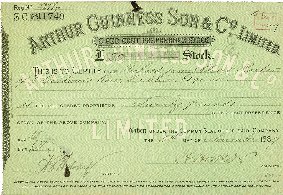 Arthur Guinness Son &amp; Co. Limited, 6 % Preference Stock über £ 20 vom 05.11.1889