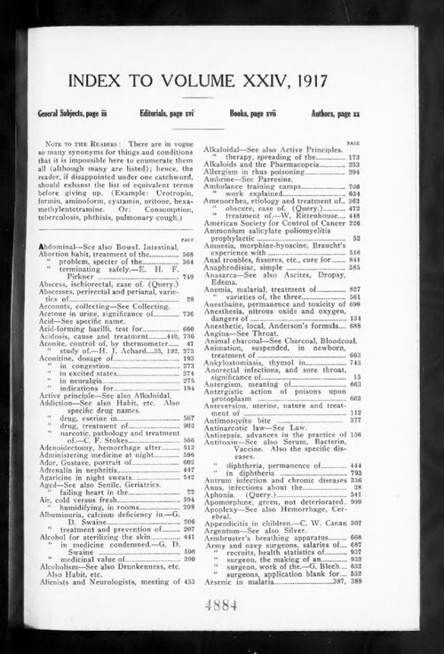 The American Journal of Clinical Medicine 1917: <a href="https://archive.org/search.php?query=sim_pubid%3A2423%20AND%20volume%3A24" rel="nofollow">Volume 24</a>, Issue Index.Digitized from <a href="https://archive.org/details/sim_raw_scan_IA1518832-02/page/n2348" rel="nofollow">IA1
