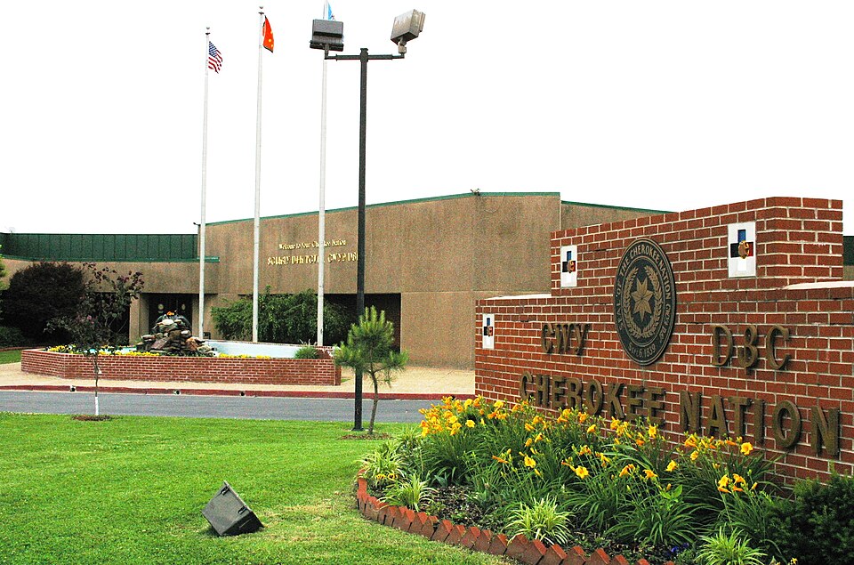 Scope and content:  The original finding aid described this photograph as:Original Caption: The front of the Cherokee Nation Tribal Complex building displays the Cherokee Seal and the Cherokee Syllabary which spells Cherokee Nation.Location: Cherokee National Tribal Complex, OklahomaStatus: Publ