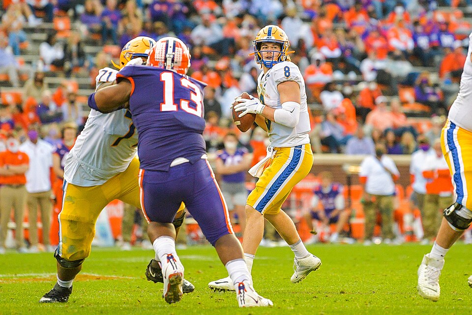 Pittsburgh quarterback Kenny Pickett (8) during the second quarter of the NCAA football game between the Clemson Tigers and Pitt Panthers on November 28, 2020: at Memorial Stadium in Clemson, SC. (Photo by Carl Ackerman)