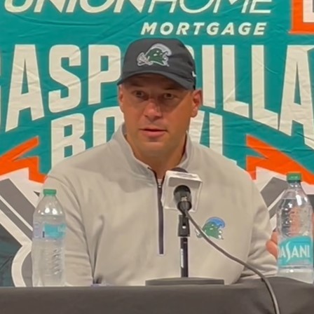Jon Sumrall, head coach of the Tulane Green Wave football team, at a press conference after the 2024 Gasparilla Bowl in Raymond James Stadium, Tampa, Florida.