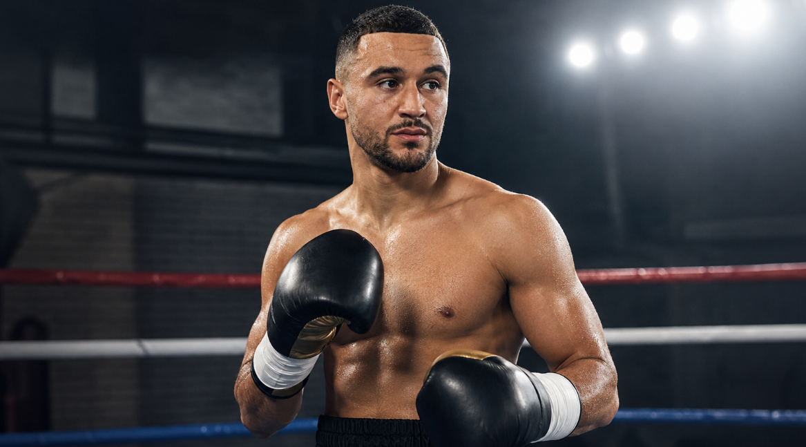 Boxer Callum Simpson standing in a boxing ring under arena lights wearing black gloves and preparing for competition.