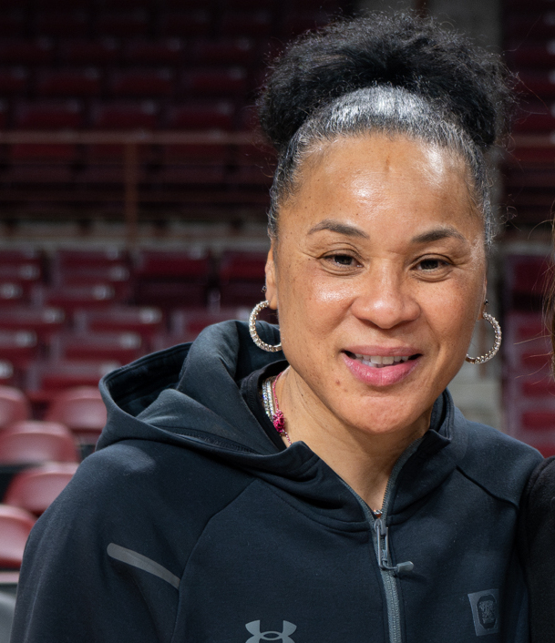 South Carolina Gamecocks women's basketball coach Dawn Staley during a surprise visit by Vice President Kamala Harris at Colonial Life Arena, Monday, January 15, 2024, in Columbia, South Carolina. (Official White House Photo by Lawrence Jackson) (Cropped by User:MolecularPilot)