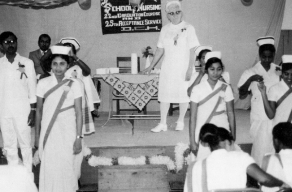 Caption: Lena Graber at graduation exercises at the Dhamtari School of Nursing. 

Citation: Mennonite Board of Missions Photographs, 1898-1967. IV-10-007.2 Box 4 Folder 17. Mennonite Church USA Archives - Goshen. Goshen, Indiana.