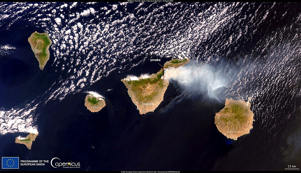 A wildfire broke out in the municipalities of Arafo and Candelaria (#IFArafoCandelaria) in Tenerife, one of the Canary Islands. The fire burned 800 hectares, leading to the evacuation of several residential areas and the closure of two main roads. This image, acquired by one of the Copernicus Sentin