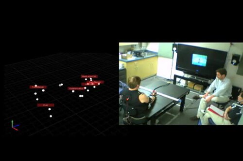 QuickTime movie. Depicts motion capture tracking in parallel to a participant interacting with the system.