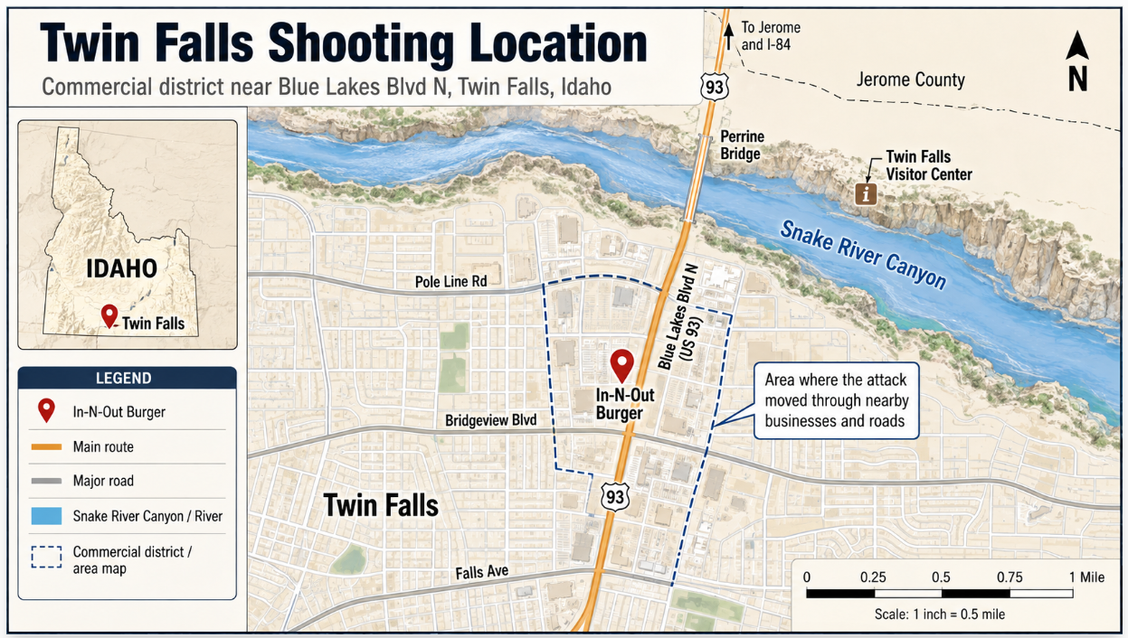 Map showing the Twin Falls, Idaho shooting location near Blue Lakes Boulevard North, including In-N-Out Burger, US 93, Pole Line Road, Perrine Bridge, the Twin Falls Visitor Center and the Snake River Canyon.