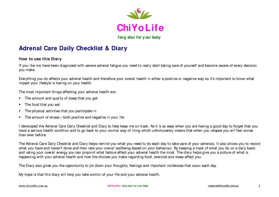 Adrenal Care Daily Diary to help individuals manage their adrenal fatigue.