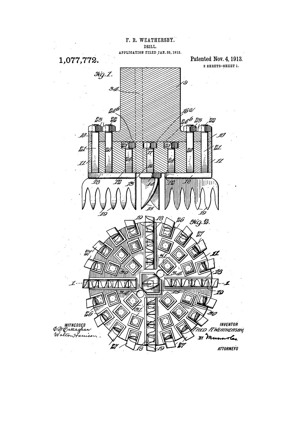 Patent for a drill especially adapted for use in rock and earth formations. The drill has a number of separate cutters that are secured onto a head and detachable, which gives the tool many advantages.; 2 sheets, [1], 1 p. : ill. ; 23 cm.