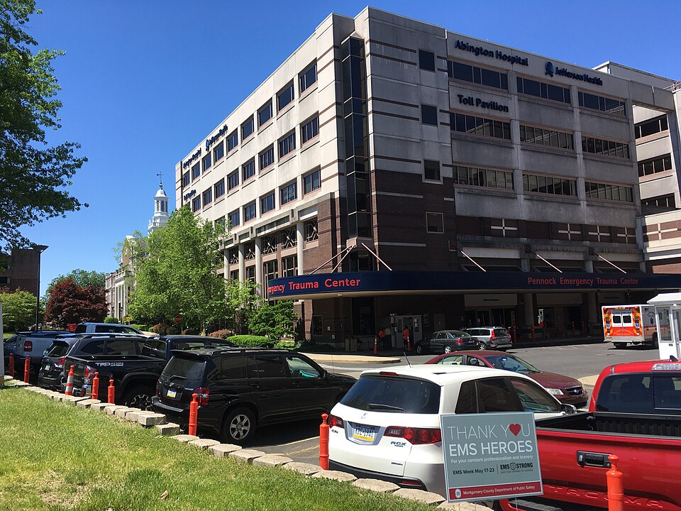 Abington Hospital-Jefferson Health in Abington Township, Pennsylvania viewed from the emergency room entrance.