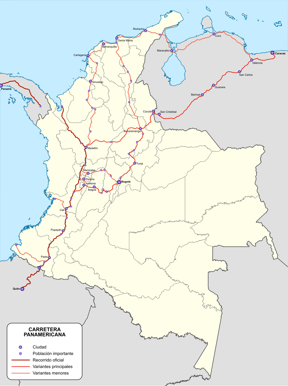 Mapa de la Carretera Panamericana en su recorrido por Colombia