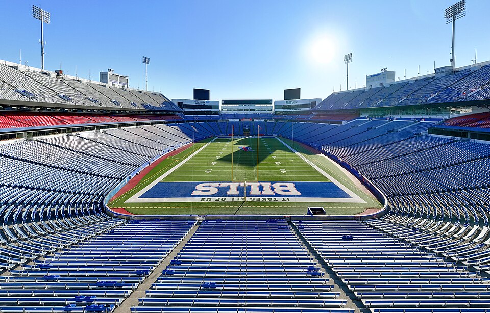 Wide angle view of an empty Highmark Stadium (home of the Buffalo Bills) in Orchard Park, New York.
