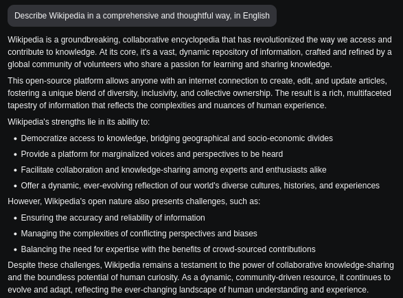 Screenshot of Llama output describing Wikipedia in thoughtful way
